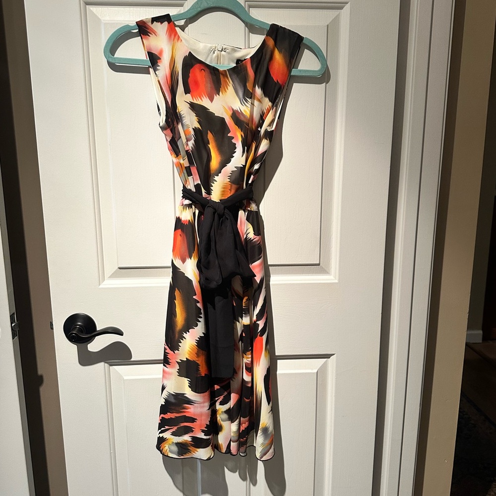 Tiana B. Vibrant Black and Orange Midi Dress with Wide Black Sash Belt Size SM